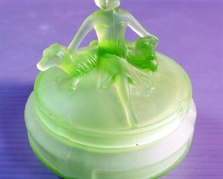 L. E. Smith Green Satin Uranium Glass Powder/ Trinket Box, Features Lady With Dogs On Lid