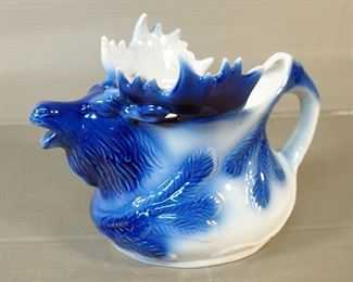 Ceramic Blue And White Moose Pitcher Creamer Gravy Boat