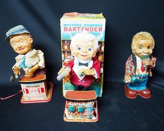 Vintage Tin Litho Mechanical Toys, Including 1960s Charlie Weaver Bartender, And Blushing Willy, And Rosko Battery Operated Bartender