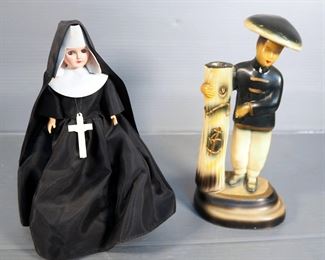 Asian Figure #156 9.5" Bud Vase, And Sleepy Eye Nun 9" Music Box, Marked Japan