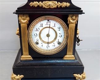 Antique Ansonia Clock Co. Cast Iron Footed Mantle Clock, 12" x 11" x 6.5", With Lion Heads On Sides, With Key, Pat. June 18, 1882