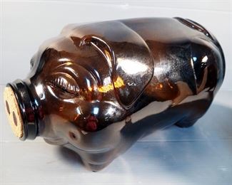 This Little Pig Went To Market Amber Glass Pig With Cork Nose, 10" x 10" x 20", And Resin 8" Piglet Statue

