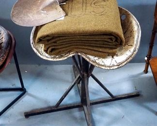 Hand Crafted Tractor Seat Stool, 22.5" Tall, With WW2 Military Trench Tool And Wool Blanket