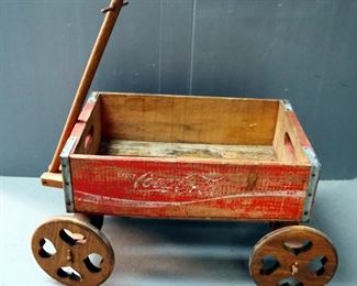 Hand Crafted Coca-Cola Crate Wagon With Wood Wheels And Pull Bar, 11.5" x 15" x 22"