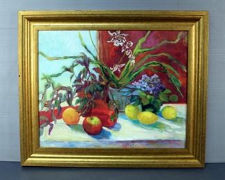 Joan A. Davis Framed Floral And Fruit Painting Number 3/100, 20.5" x 24.5", Framed Floral Painting Unknown Artist, 21" x 25"