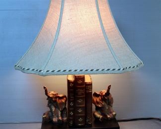 Table Lamp 23" Tall With Elephant Accents And Shade And Ceramic Handles Vase With Painted Elephant, 10" And Faux Zebra Grass
