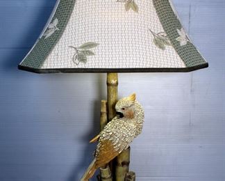 Resin Parrot And Bamboo Table Lamp With Shade, Powers On, 29" Tall