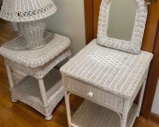 Wicker End Tables, Lamp, and Wall Mirror