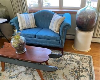 Loveseat / Vermont Made Sled Coffee Table / Machine Made Area Rug / Terrariums