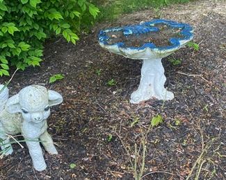Concrete Birdbath and Lamb