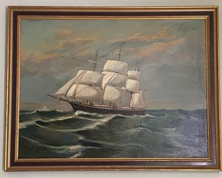 Signed Oil Painting of Clipper Ship:  3'W X 2'4" H