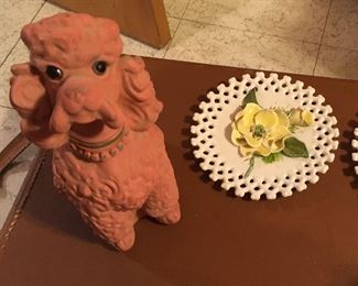 A N Brooks Fuzzy Dog Bank and Vintage Plates