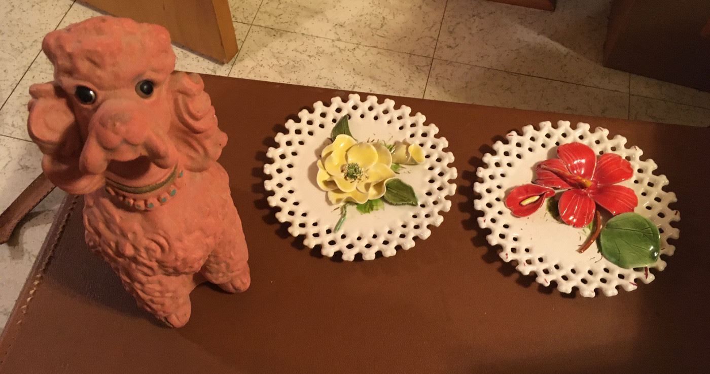 A N Brooks Fuzzy Dog Bank and Vintage Plates