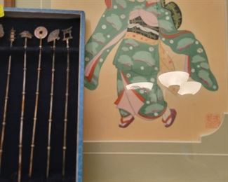 Japanese frame oil on silk and srerling spoons