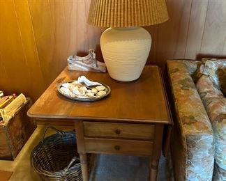 Oak Drop Leaf Side Table with Two Drawers, Cream Colored Ridged Lamp