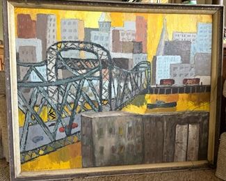 1984 Oil Painting of Large City by Pauline Sanford