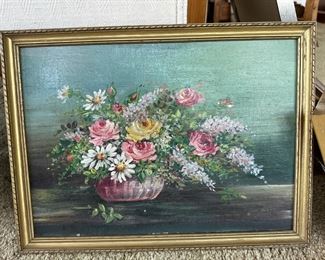 Oil Painting of Bouquet with Gold Tone Frame by B Bowers