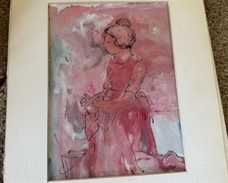 Signed Watercolor Print of Victorian Woman Kneeling