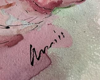 Signed Watercolor Print of Victorian Woman Kneeling