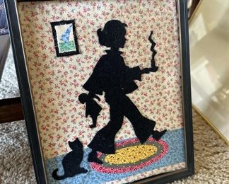 1960's Girl With Cat Holding Doll - Fabric Silhouette