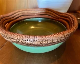 Handcrafted Pine Needle Basket with Glazed Ceramic Base