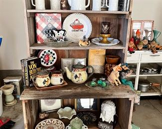 Wood, Bakers rack, Elvis, Decanter, and other treasures