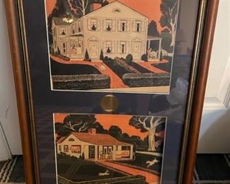 Vintage prints in frame.