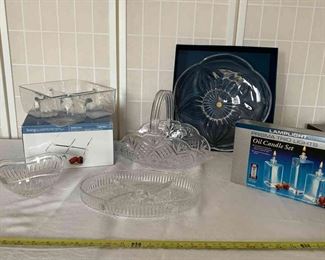 Crystal Bowl, Basket, Relish Tray BowlOil Candle Set