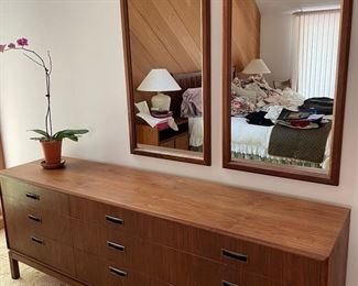 7-Piece Teak Modern Bedroom Set with King Headboard - Long Dresser is 77" Long x 18" Deep x 30" High