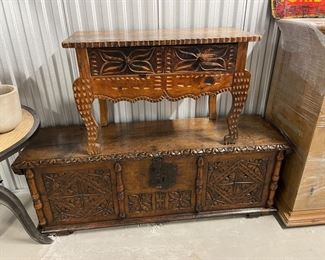 Large carved trunk $400, small table with 2 drawers $175