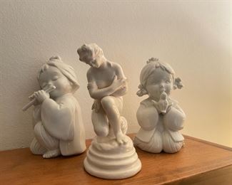Porcelain Figurine of Naked Maiden, 1950's Blanc de Chine Little Girl Kissing Bird Figure and Porcelain Flute Player Figurine