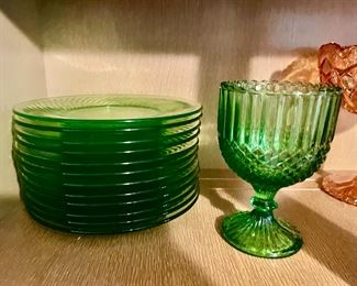 Westmoreland Hobnail Green Goblet, Set of 12 Green Depression Glass Salad Plates