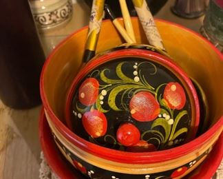 Russian Lacquered Bowl, Plates, and Utensils