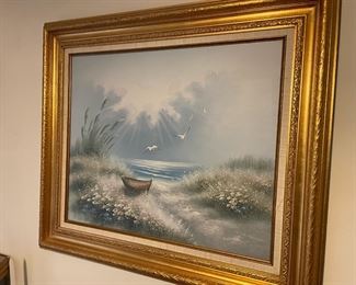 Gold Toned Framed Oil Painting of Ocean/Landscape