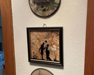 Vintage Hand Painted Silhouettes with Real Wild Flowers by Mary Fisher, Wall Hanging- Dried Floral Artwork