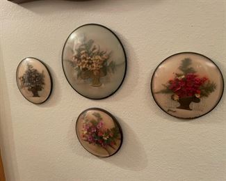 4 Dried Flowers and Pine Needles in Basket with Round Bubble Glass Dome Frame