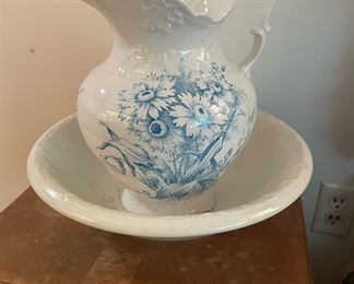 White Wash Bin and Pitcher with Blue Floral Design