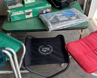 Camping Supplies Charbroil Grill, Short Folding Table, Air Mattress Pump, 4 Chairs, and Tarp