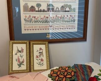Cross Stitch Wall Art, Vintage Linens, and 2 Hummingbird Prints In Gold Frames