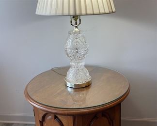 Glass Lamp and Round Glass Topped Side Table with Walnut Stain, Antique Brass Handles