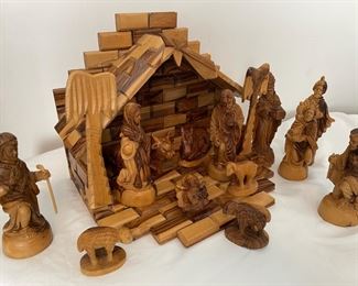 Hand Carved Olive Tree Wood Nativity Figures with Animals and Stable