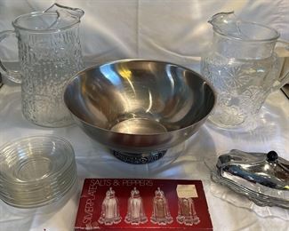 MCM and Vintage Party Ware New Silverplate Salt and Peppers, International Decorator Stainless Bowl