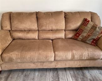 Mocha Colored Ultra Suede Over Sized Sofa Rolled Arms, Attached Back Cushions, and Wooden Feet