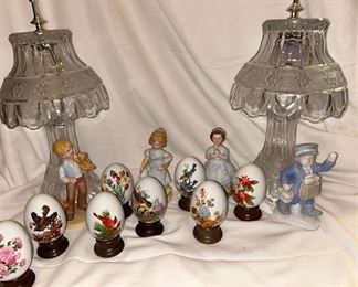 Pair Vintage Etched Glass Lamps with Delicate Porcelain Collectibles