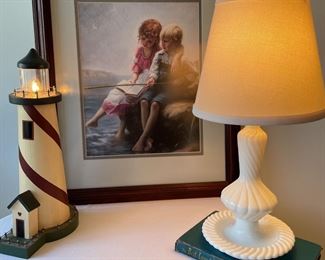 Sea Lovers Decor Light House That Glows, Milk Glass Lamp, Poem Book, Wall Art