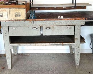 Sturdy Antique Work Bench with Large Vice Grip and Assortment of Hardware