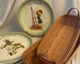Two Longaberger Baskets and Four Vintage American Greetings Holly Hobbie Plates