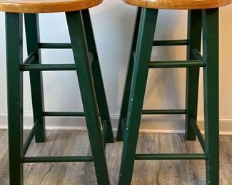 Two Solid Wood Bar Stools Legs Painted Hunter Green
