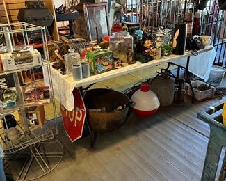 Many items, old cast iron pot, lunchboxes, etc.