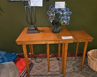  $60 Stained glass lamp.  SOLD Maple stacking tables, Peacock lamp